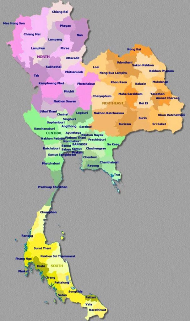 Map Of Thailand Provinces And Cities   Map Of Thailand Color Coded 605x1024 